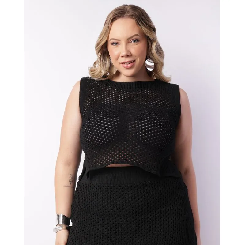 Regata Plus Size Feminina Tricô Preta G1