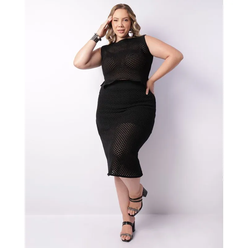 Saia Plus Size Feminina Midi Tricô Preta G2