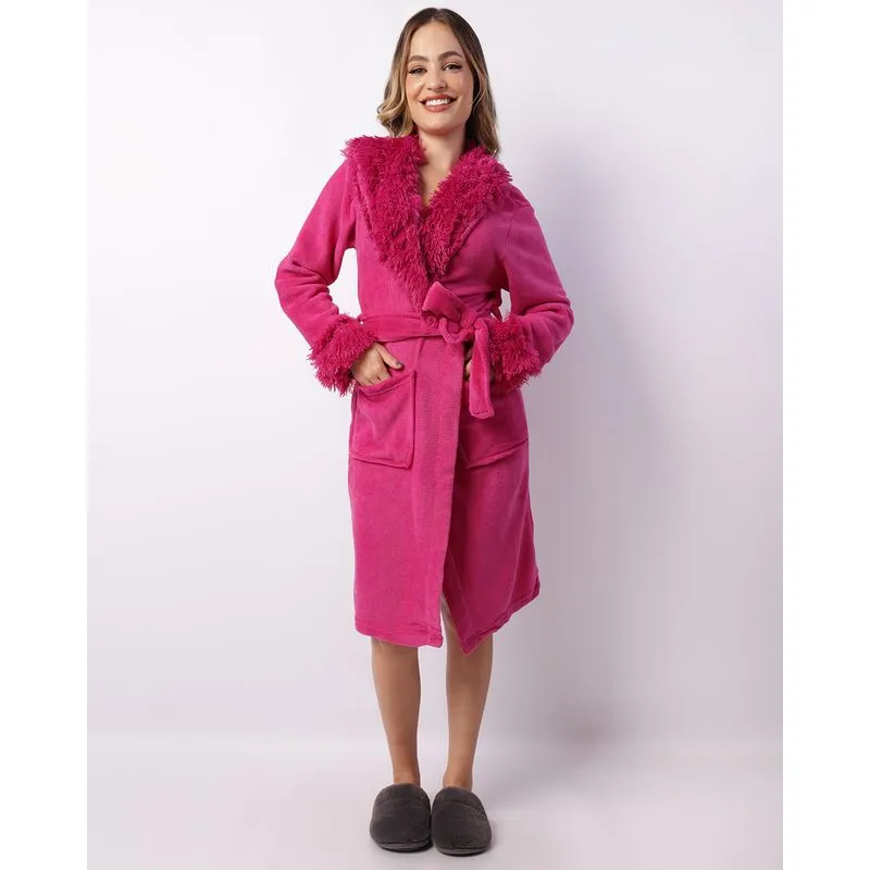 Roupão Feminino Fleece Com Pelinhos Rosa GG