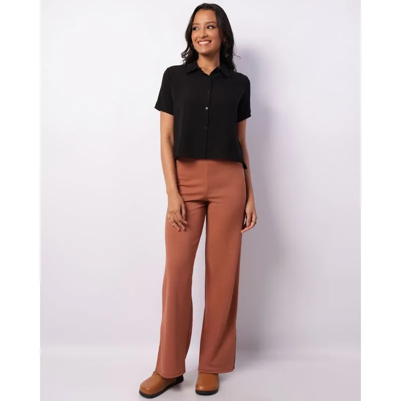 Calça Feminina Reta Abertura Lateral Texturizada Marrom G