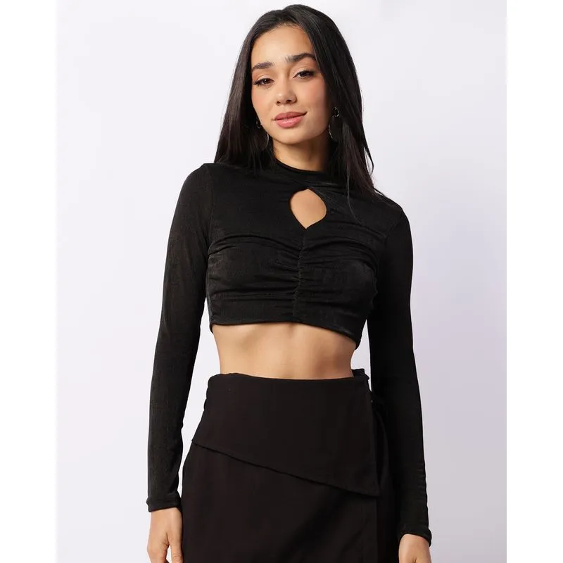 Blusa Feminina Cropped Acetinada Com Vazado Franzido Preta M