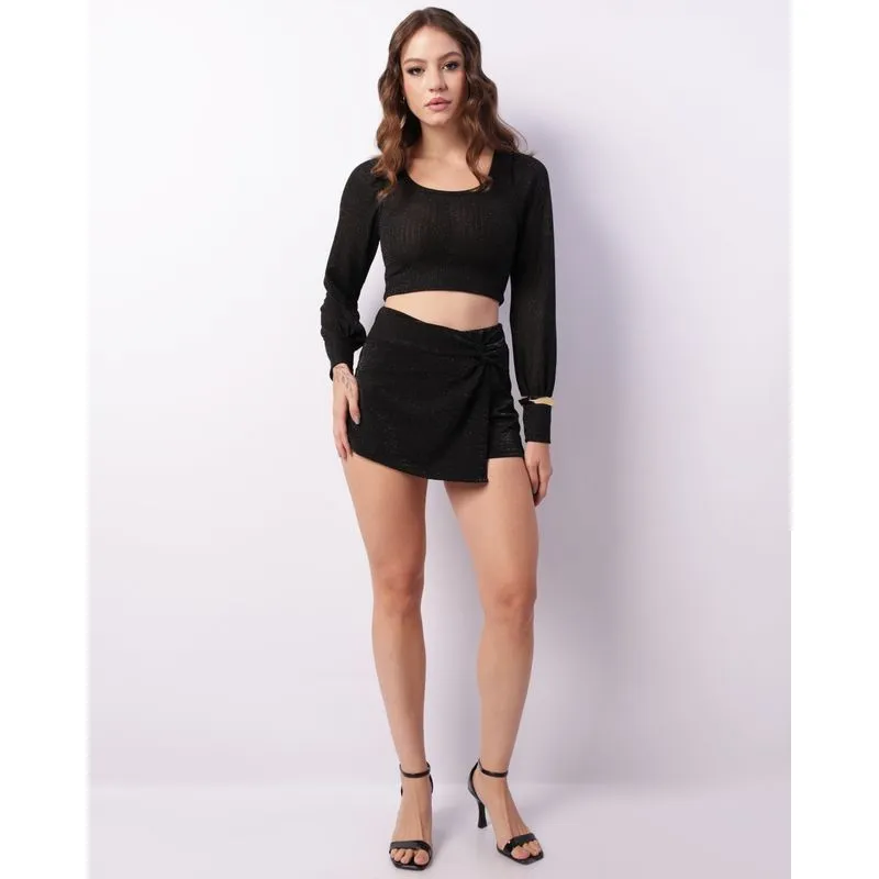 Mini Short Saia Feminino Curto Lurex Transpassado Preto GG