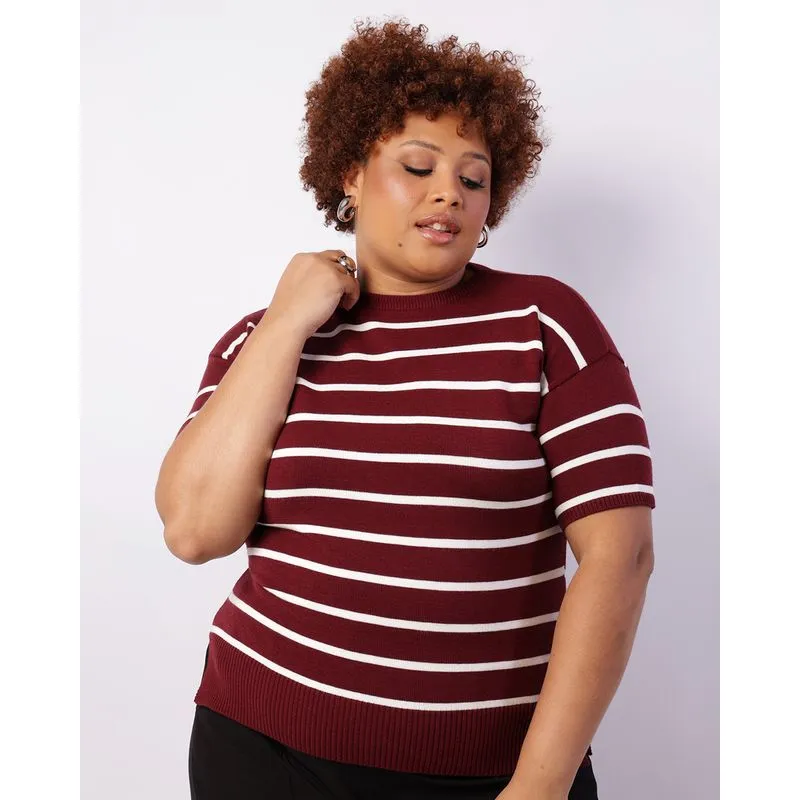 Blusa Plus Size Feminina Tricô Manga Curta Vinho G3