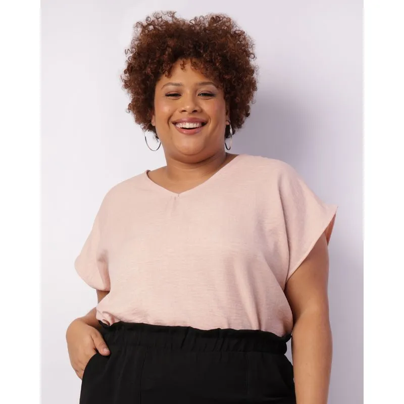 Blusa Plus Size Feminina Manga Curta Decote V Rosa G1