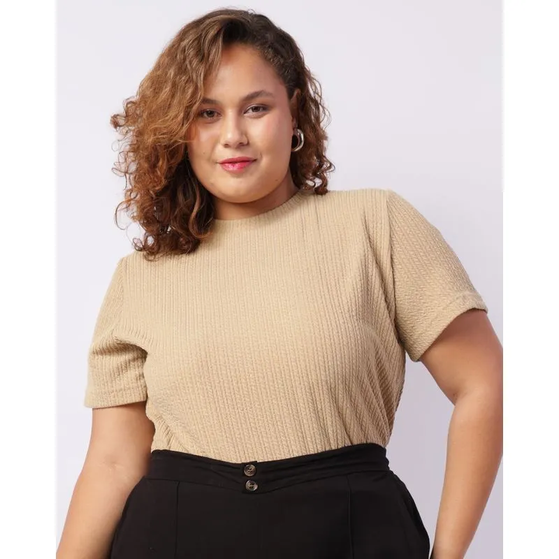 Blusa Plus Size Feminina Cropped Texturizada Bege G3