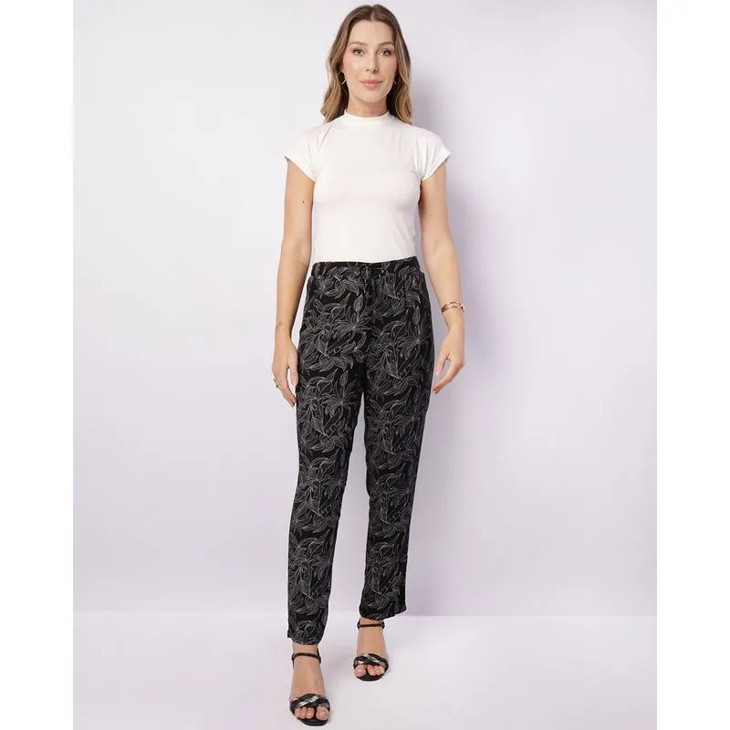Calça Feminina Berry & Co. Viscose Reta Estampada Preta GG