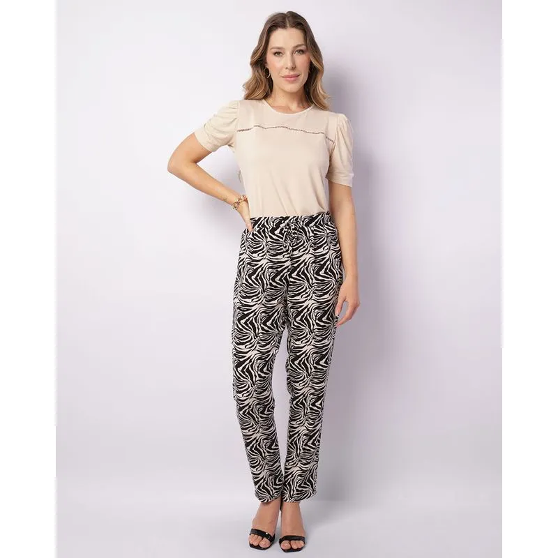 Calça Feminina Berry & Co. Viscose Reta Estampada Bege G