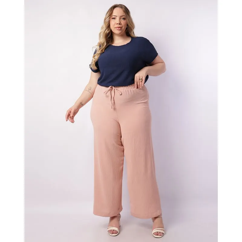 Calça Plus Size Feminina Pantalona com Cordão Rosa G1