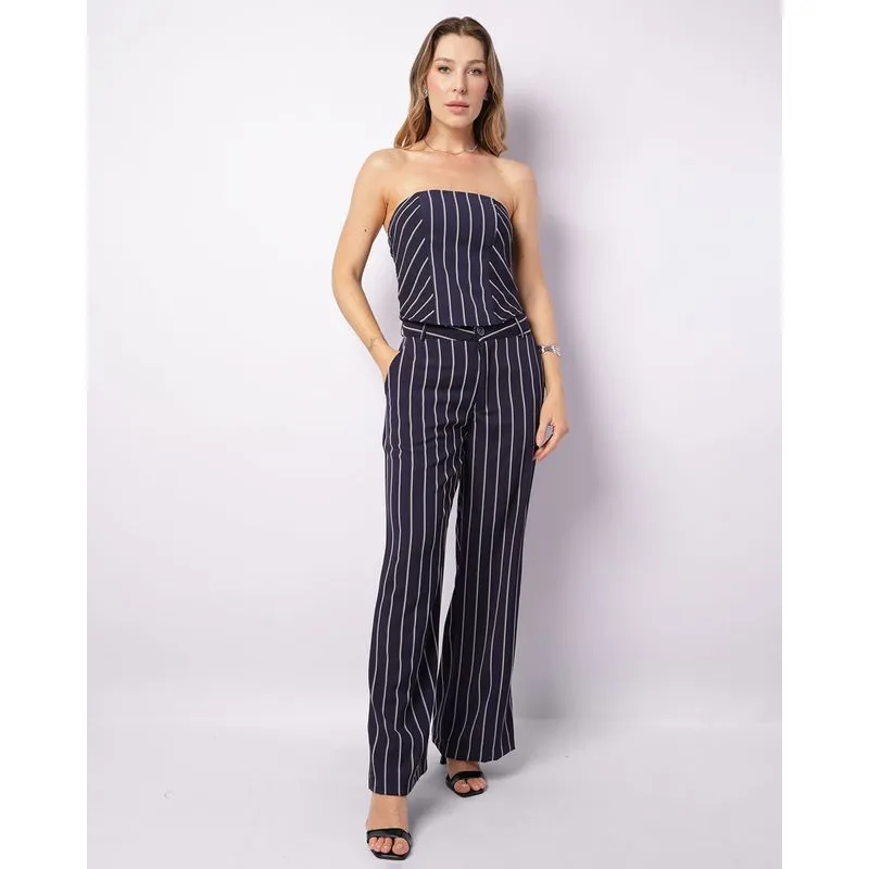 Calça Feminina Alfaiataria Pantalona Listrada Marinho G