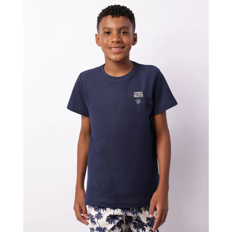 Camiseta Juvenil Texturizada Bordado Frontal Manga Curta Marinho 12