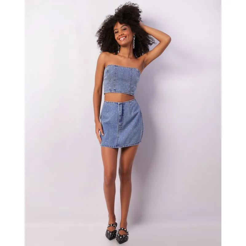 Saia Jeans Feminina Curta Com Strass Azul 38
