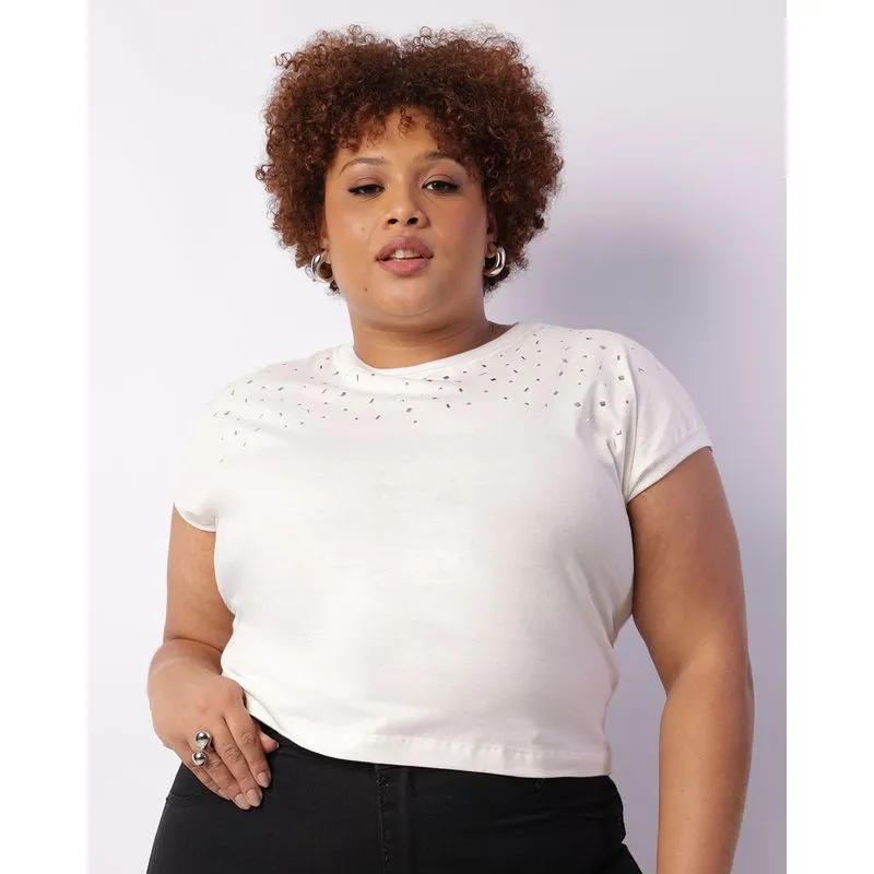 Blusa Plus Size Feminina Com Aplicação Off White G3