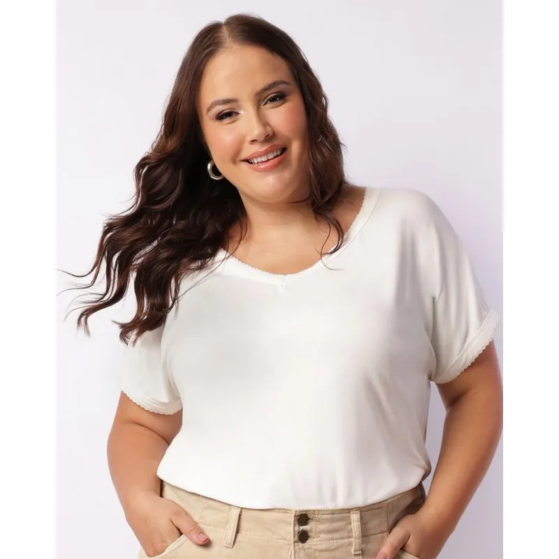 Blusa Plus Size Feminina Viscose Decote V Off White G1