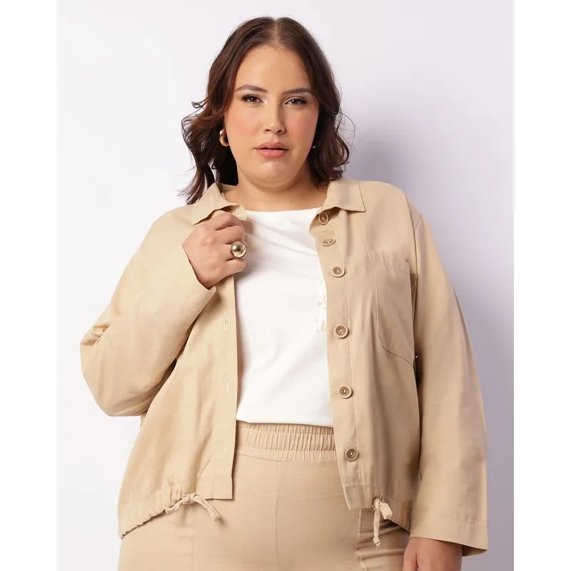 Jaqueta Plus Size Feminina Bomber Viscolinho Com Bolsos Bege G3