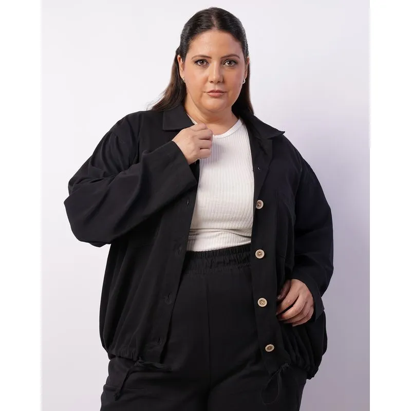 Jaqueta Plus Size Feminina Viscolinho Com Bolsos Preta G3