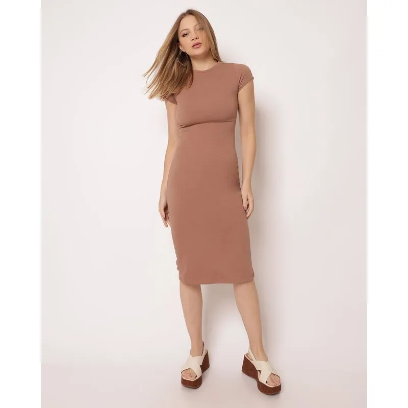 Vestido Feminino Midi Canelado com Fenda Manga Curta Bege P