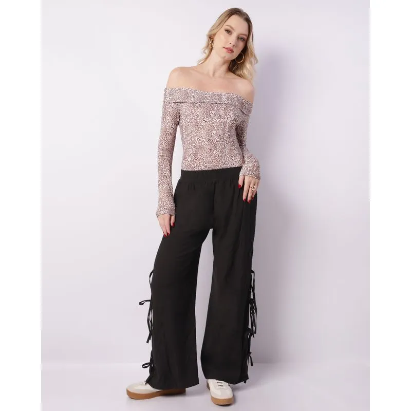 Calça Feminina Pantalona Fendas Com Amarração Preta 36