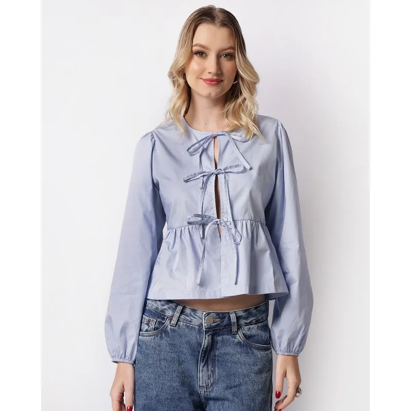 Camisa Manga Longa Bufante Com Babados Laços Azul G