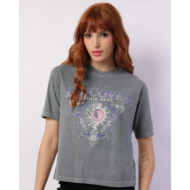 Camiseta Feminina Manga Curta Estampa Discover Cinza G