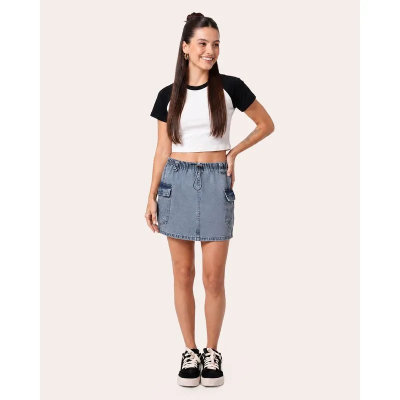 Minissaia Jeans Feminina Bolso Cargo com Ajustador Azul 42