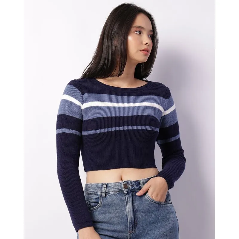Blusa Feminina Tricô Manga Longa Listrada Marinho G