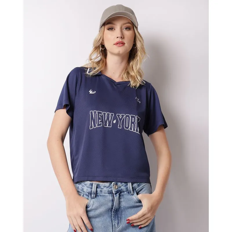 Camiseta Feminina Gola Dobrável Estampa NY Marinho P