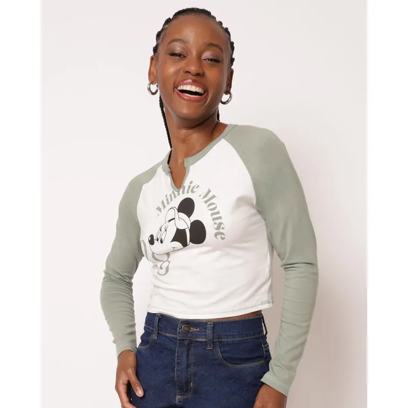 Blusa Feminina Cropped Disney Minnie Manga Longa Off White G