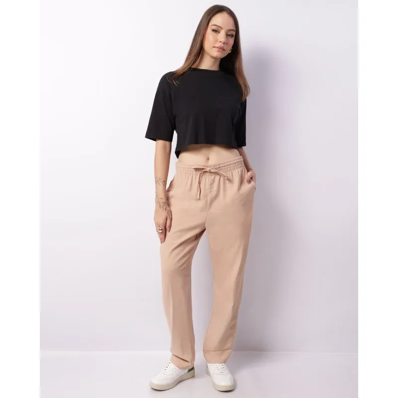 Calça Feminina Poliviscose Reta Com Bolsos Cordão Bege 46