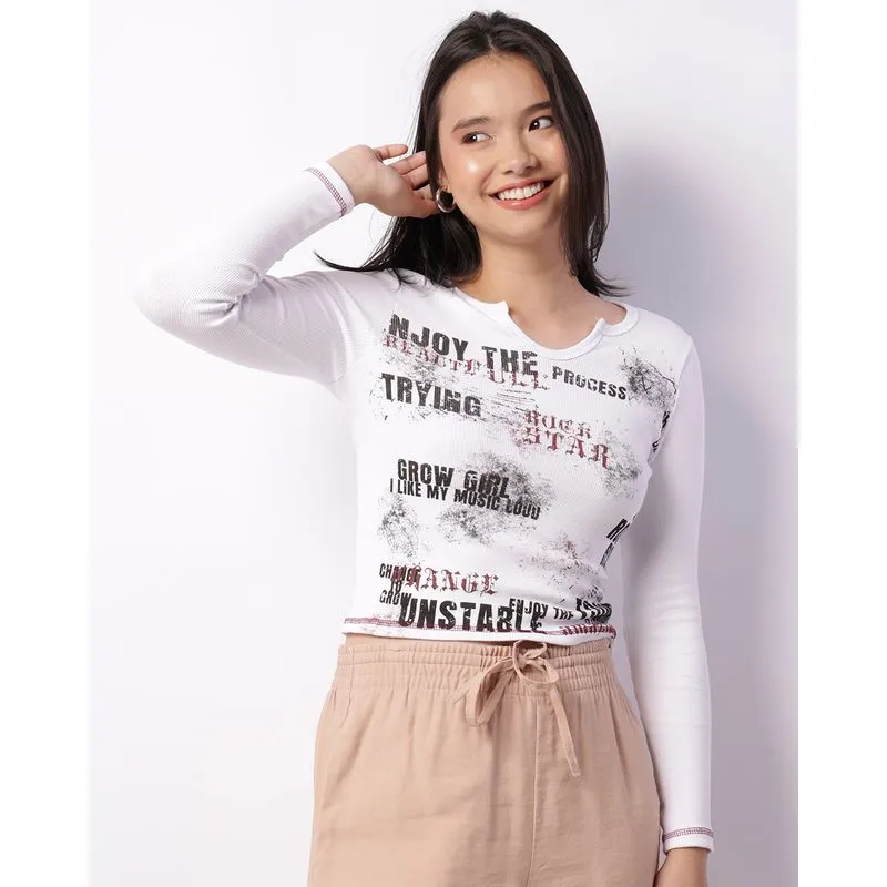 Blusa Feminina Canelada Manga Longa Estampa Branca G