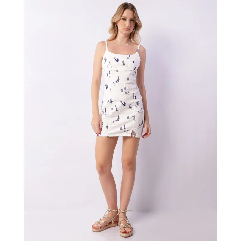Vestido Feminino Sarja Curto Alcinha Estampa Cacto Off White P