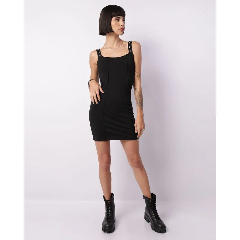 Vestido Feminino Curto Ilhós na Alça Preto P