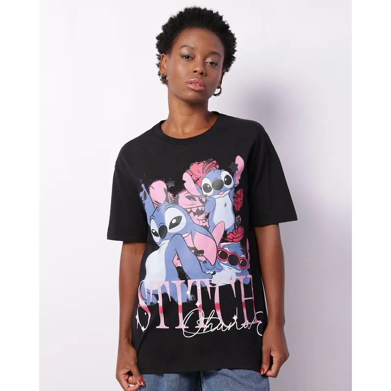 Camiseta Feminina Disney Stitch Manga Curta Preta P