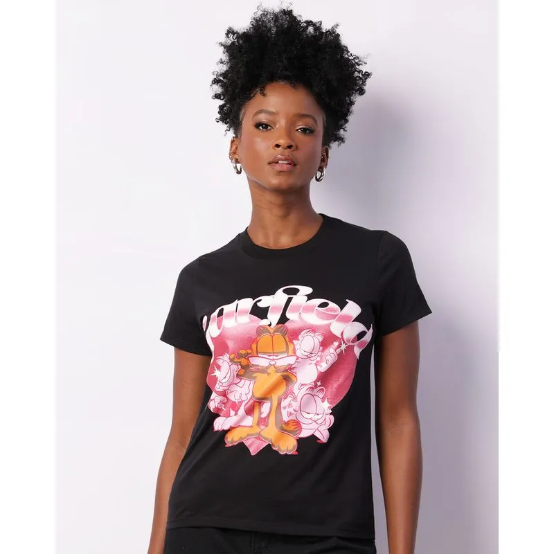 Camiseta Feminina Garfield Manga Curta Preta M