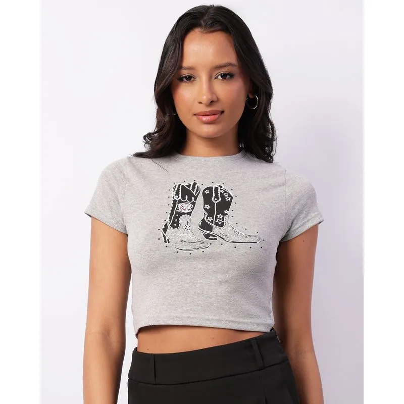 Cropped Feminino Estampa Bota Com Strass Cinza GG
