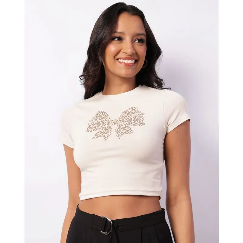 Blusa Feminina Cropped Manga Curta Estampa Laço Bege GG