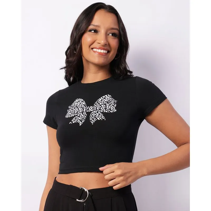 Blusa Feminina Cropped Manga Curta Estampa Laço Preta P