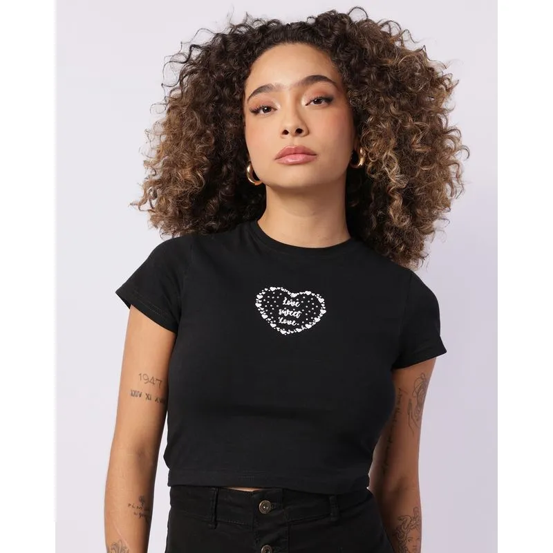 Camiseta Feminina Cropped com Strass Manga Curta Preta G