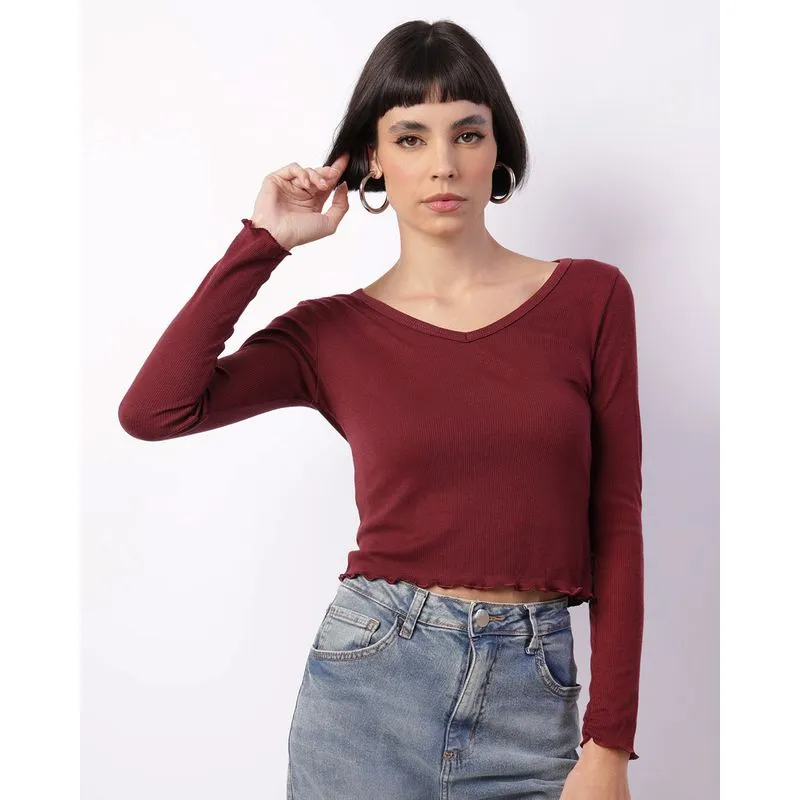Blusa Feminina Canelada Com Frufru Vinho GG