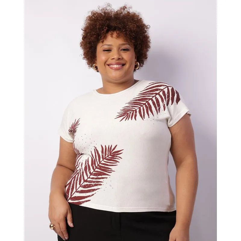 Blusa Plus Size Feminina Manga Curta Com Strass Off White G2