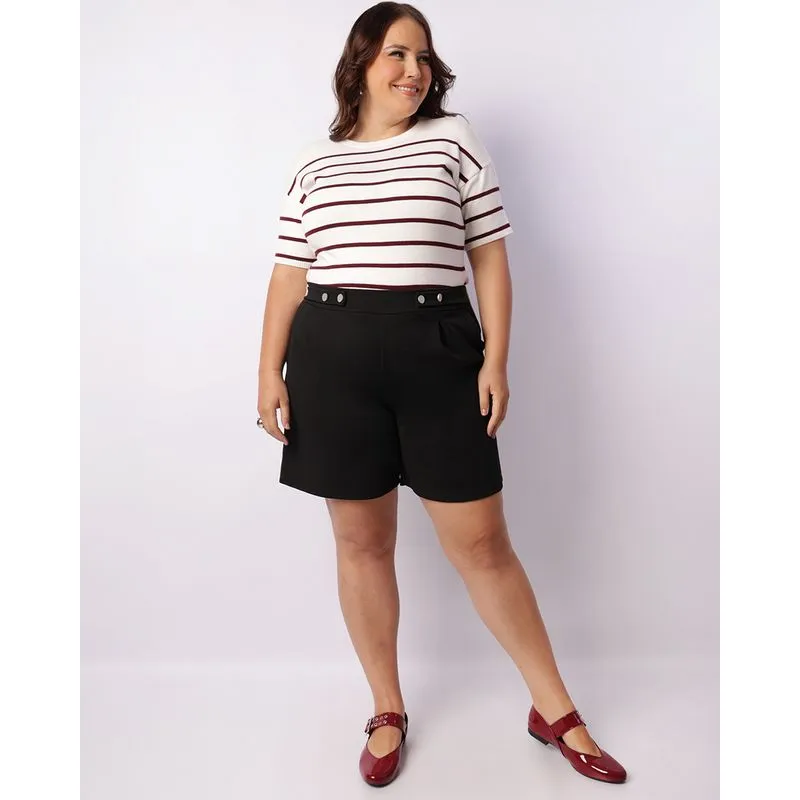 Short Plus Size Feminino Crepe Curto Bolsos Com Pregas Preto G1