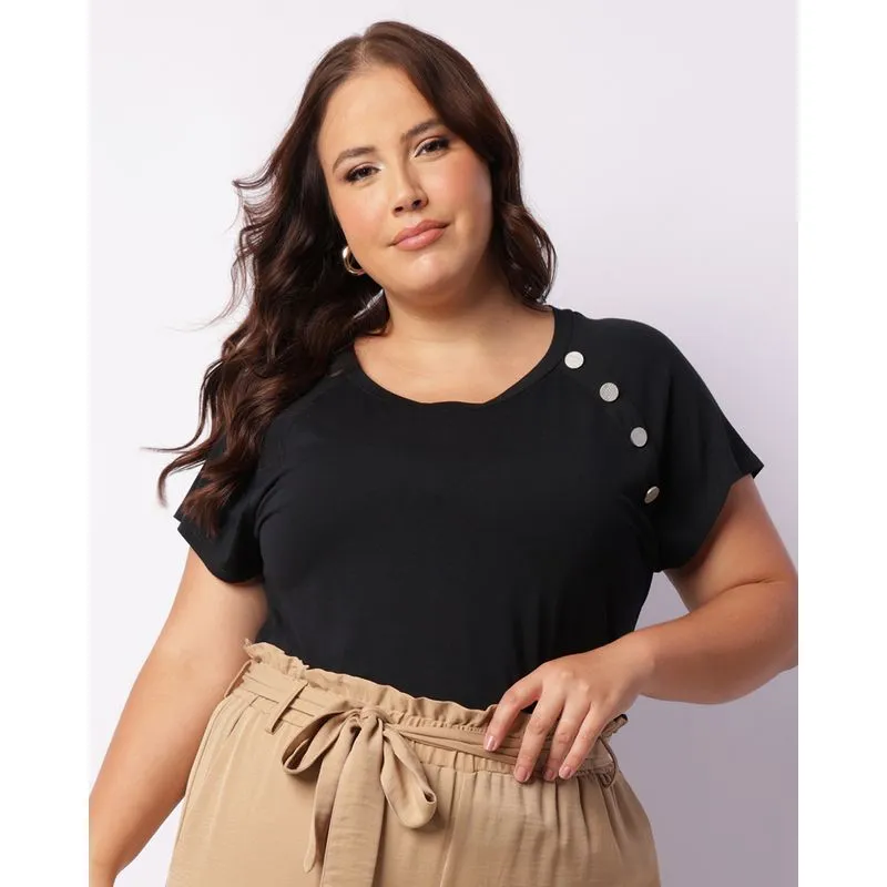 Blusa Plus Size Feminina Manga Curta Com Botões Preta G1