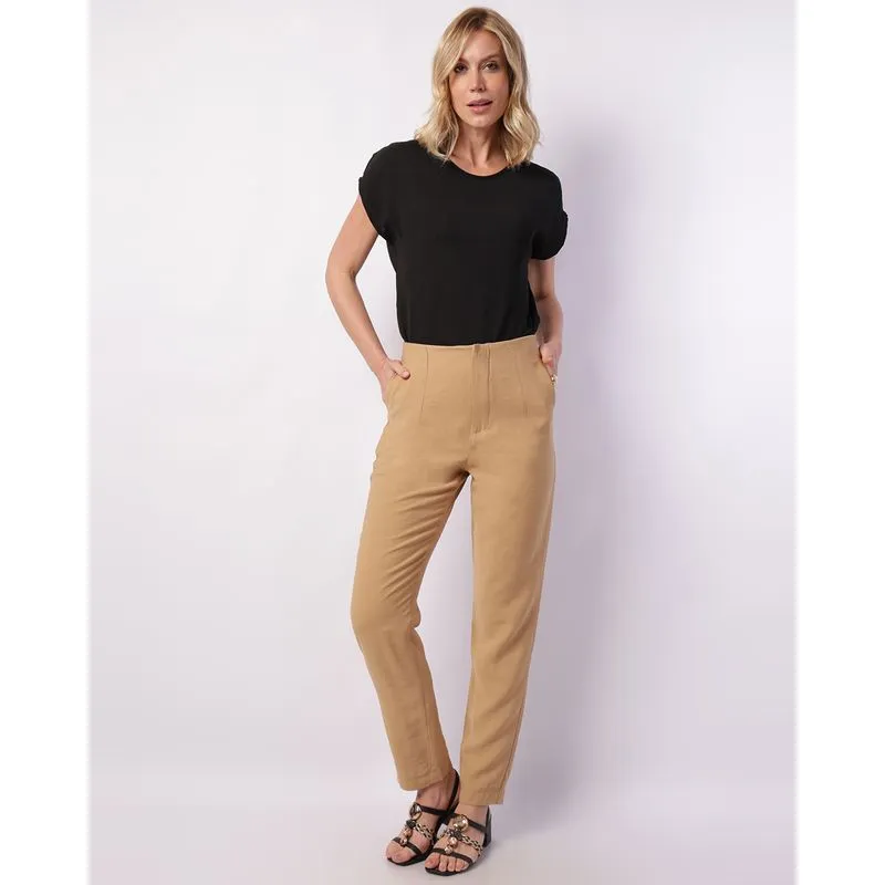 Calça Feminina Viscose Reta Alfaiataria com Bolsos Bege 42