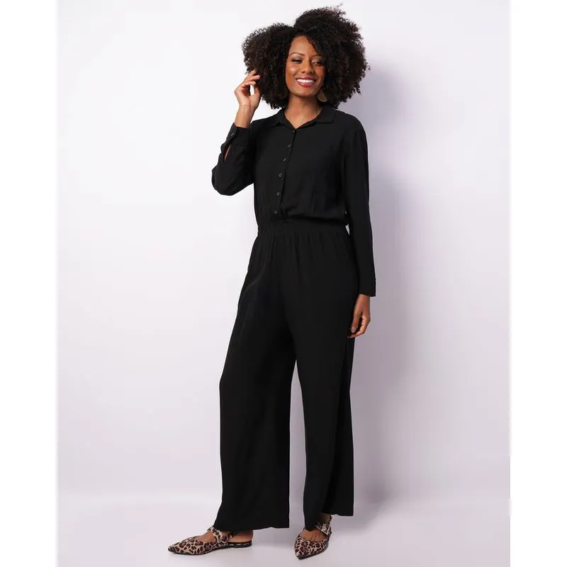 Macacão Feminino Longo Viscose com Bolso e Botões Preto P