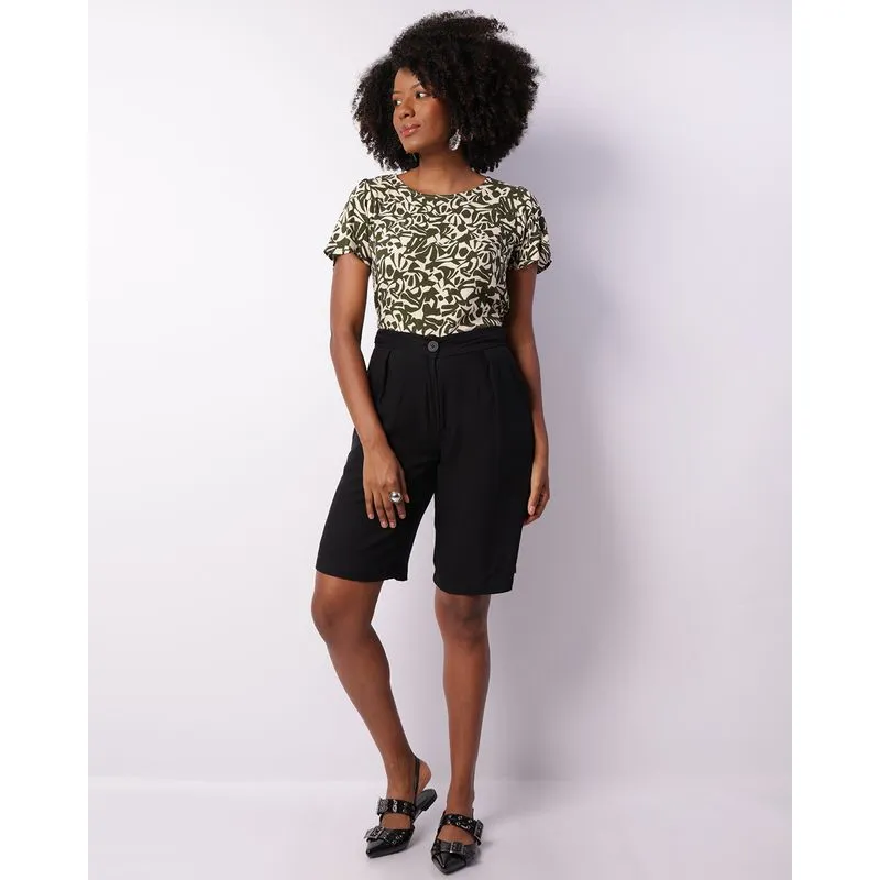 Bermuda Feminina Reta Viscose Plissada Com Bolsos Preta P