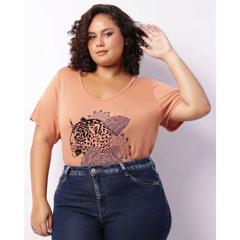 Blusa Plus Size Feminina Manga Curta Estampa Frontal Bege G3