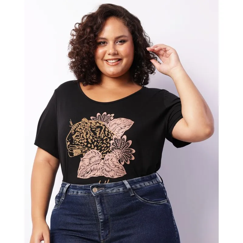 Blusa Plus Size Feminina Manga Curta Estampa Frontal Preta G3