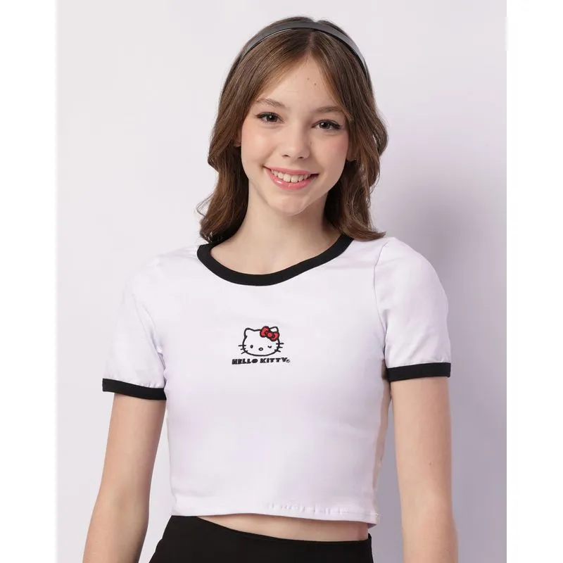 Camiseta Juvenil Hello Kitty Cropped Bordado Manga Curta Branca 10
