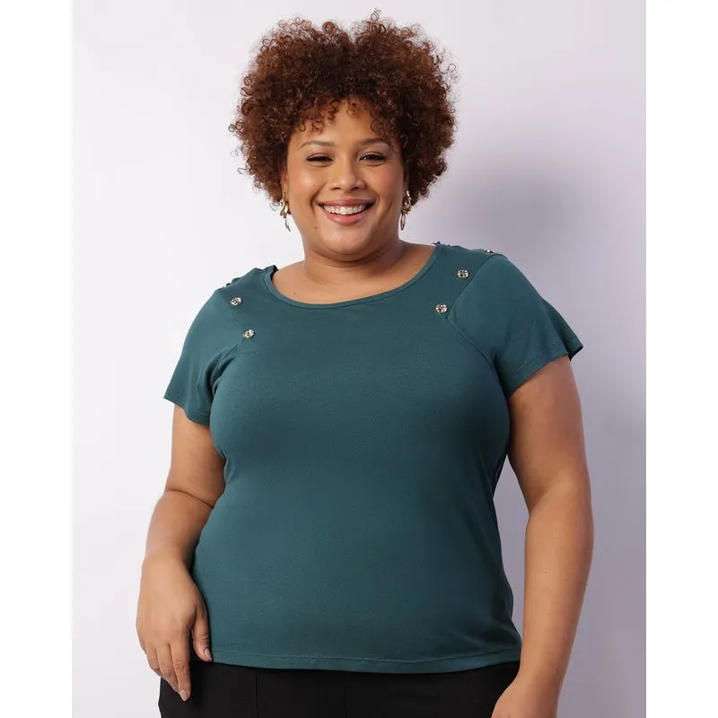 Blusa Plus Size Feminina Manga Curta Botões Decorativo Verde G1