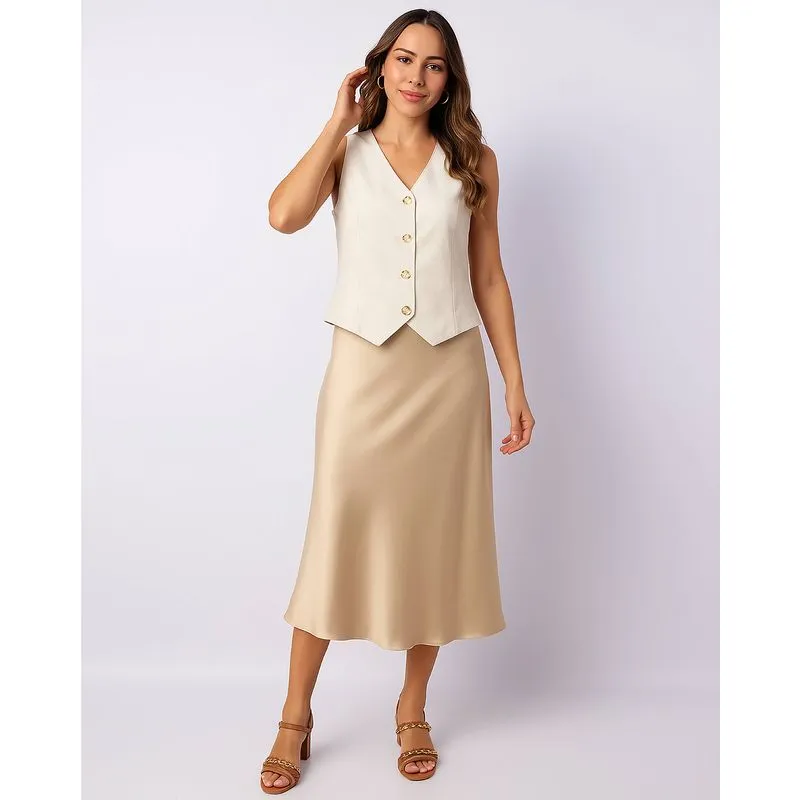 Saia Feminina Midi Acetinada Bege GG