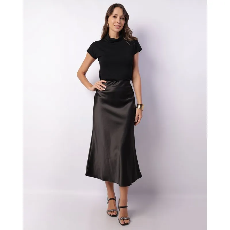 Saia Feminina Midi Acetinada Preta P